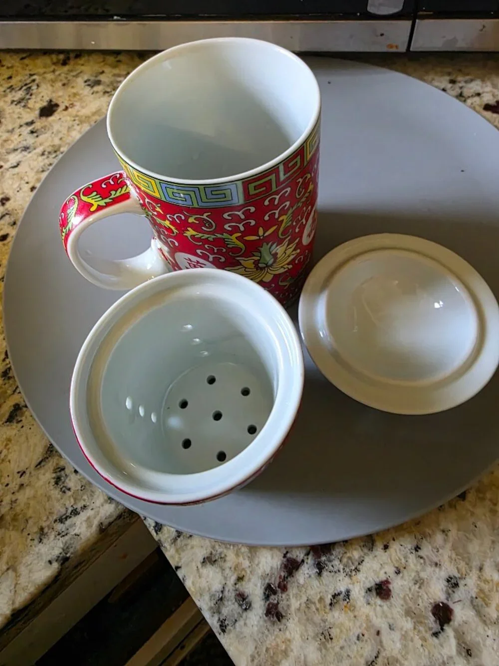 Chinese Porcelain Tea Infuser Mug w/ Lid Red Floral Asian Tea Brewing Cup